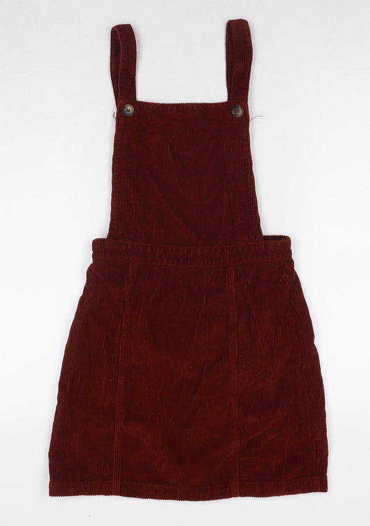 Topshop Womens Red Cotton Pinafore/Dungaree Dress Size 8 Square Neck Zip