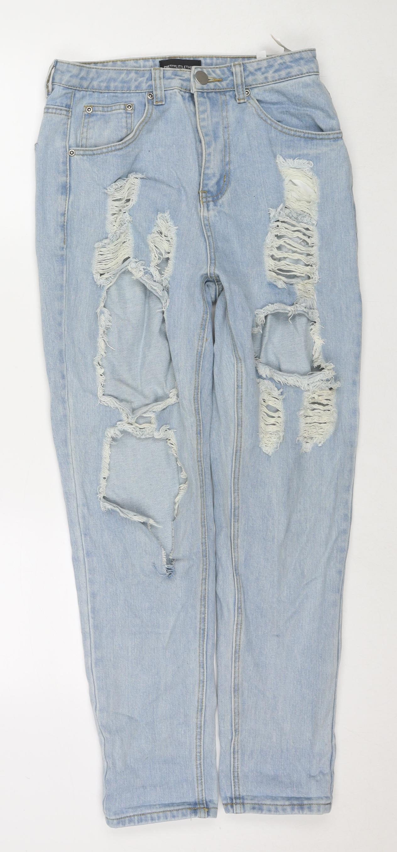 PRETTYLITTLETHING Womens Blue Cotton Straight Jeans Size 8 L28 in Regular Zip