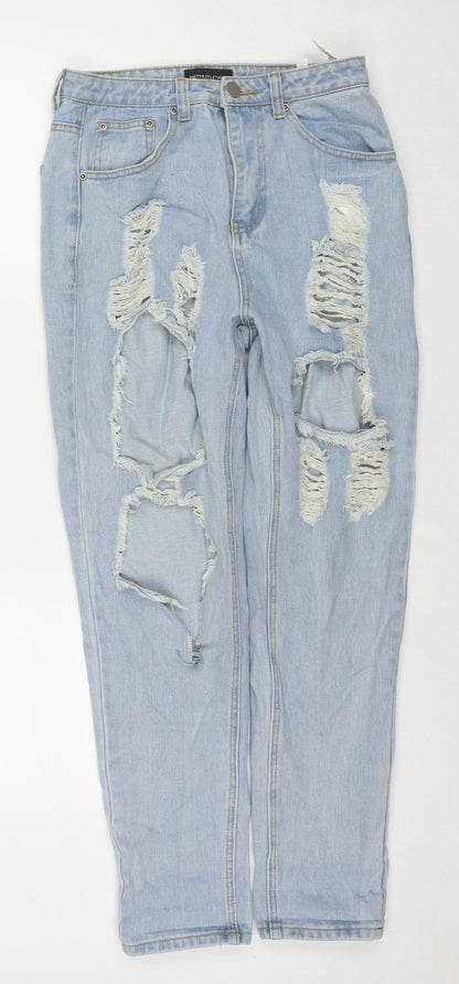 PRETTYLITTLETHING Womens Blue Cotton Straight Jeans Size 8 L28 in Regular Zip