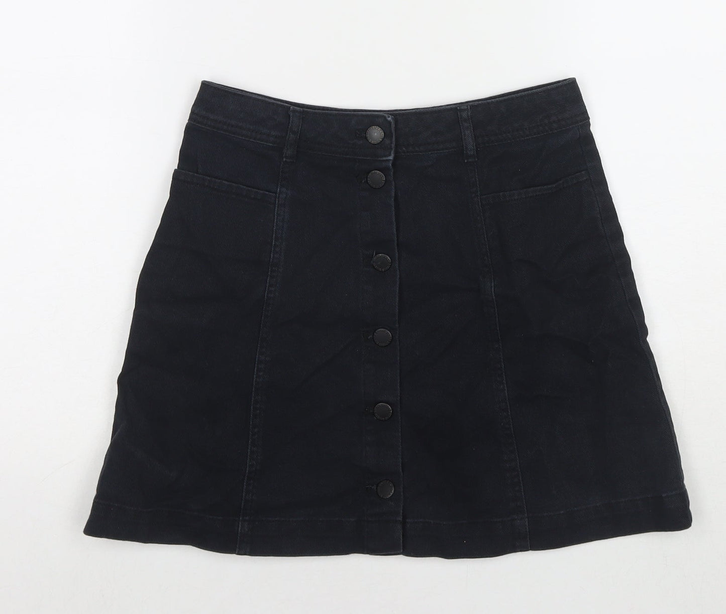 H&M Womens Black Cotton A-Line Skirt Size 8 Button