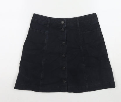 H&M Womens Black Cotton A-Line Skirt Size 8 Button