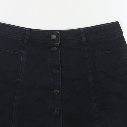 H&M Womens Black Cotton A-Line Skirt Size 8 Button