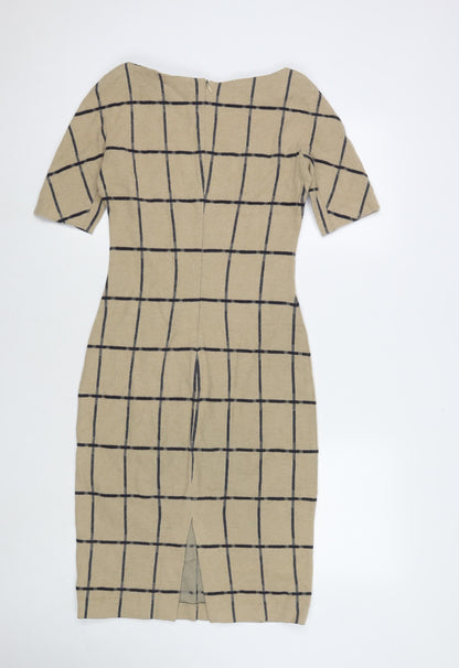 Zara Womens Brown Check Polyester Blend A-Line Size S Boat Neck Zip