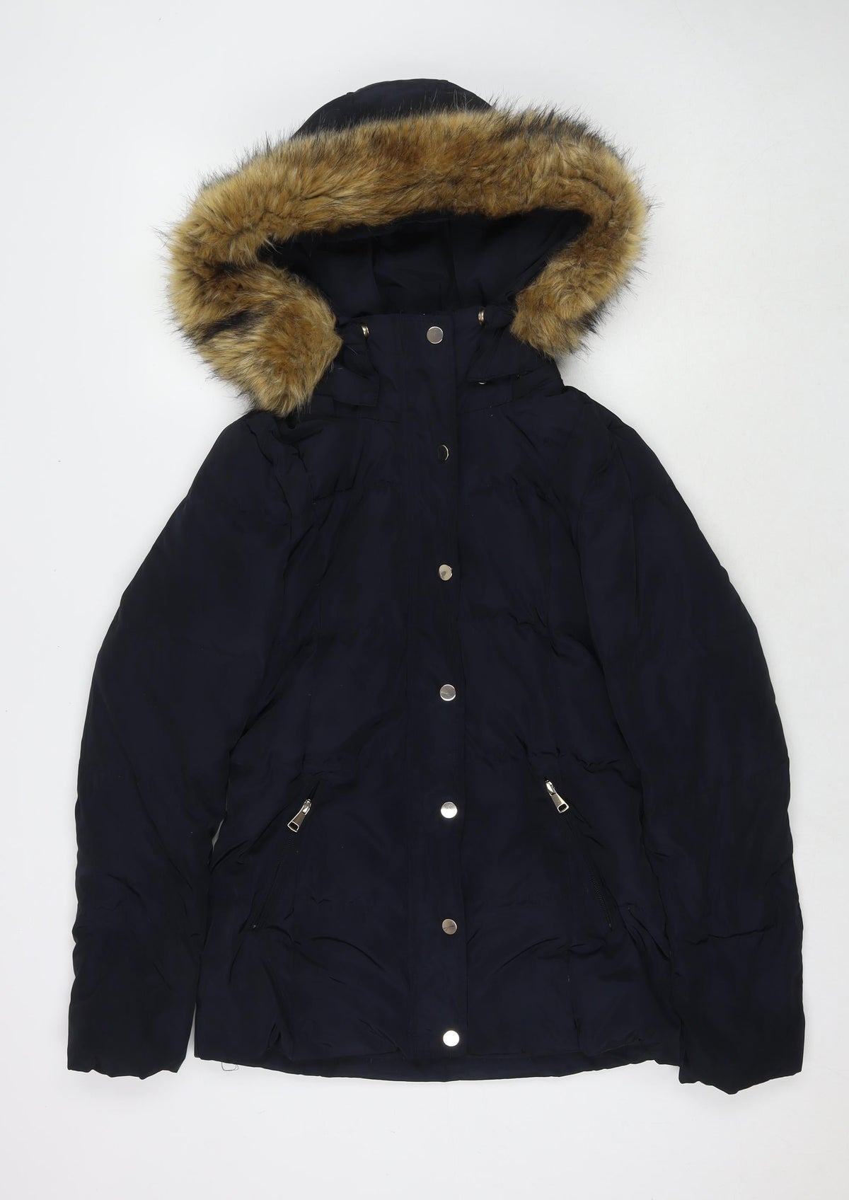 Front view of Hallhuber women’s blue puffer jacket jacket, size UK 6, zip