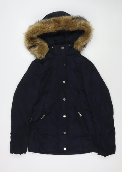 Front view of Hallhuber women’s blue puffer jacket jacket, size UK 6, zip