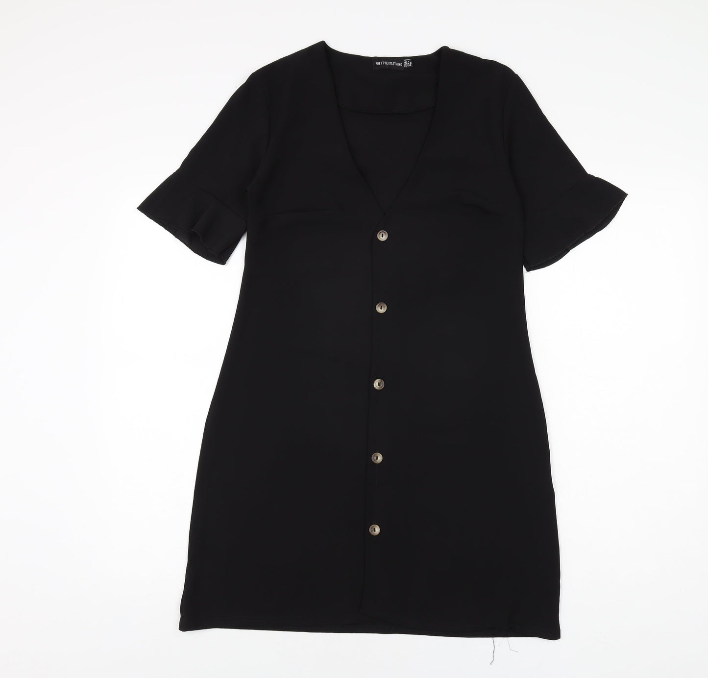 PRETTYLITTLETHING Womens Black Polyester Shift Size 4 V-Neck Button