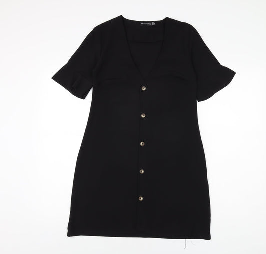 PRETTYLITTLETHING Womens Black Polyester Shift Size 4 V-Neck Button