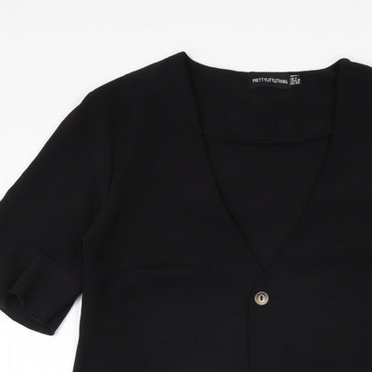 PRETTYLITTLETHING Womens Black Polyester Shift Size 4 V-Neck Button