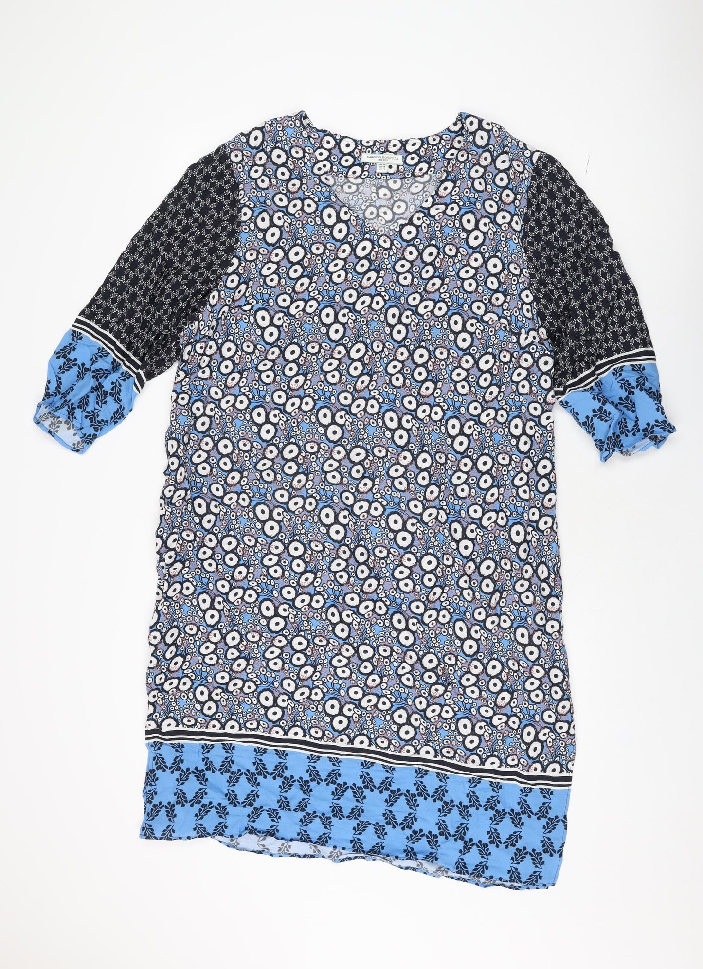 Carolyn Donnelly Womens Blue Geometric Viscose Shift Size 16 V-Neck Pullover