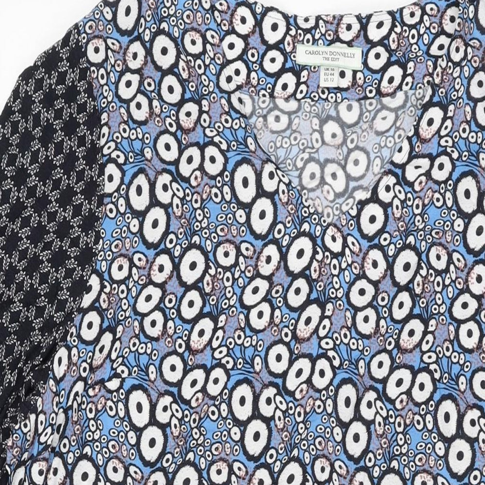 Carolyn Donnelly Womens Blue Geometric Viscose Shift Size 16 V-Neck Pullover