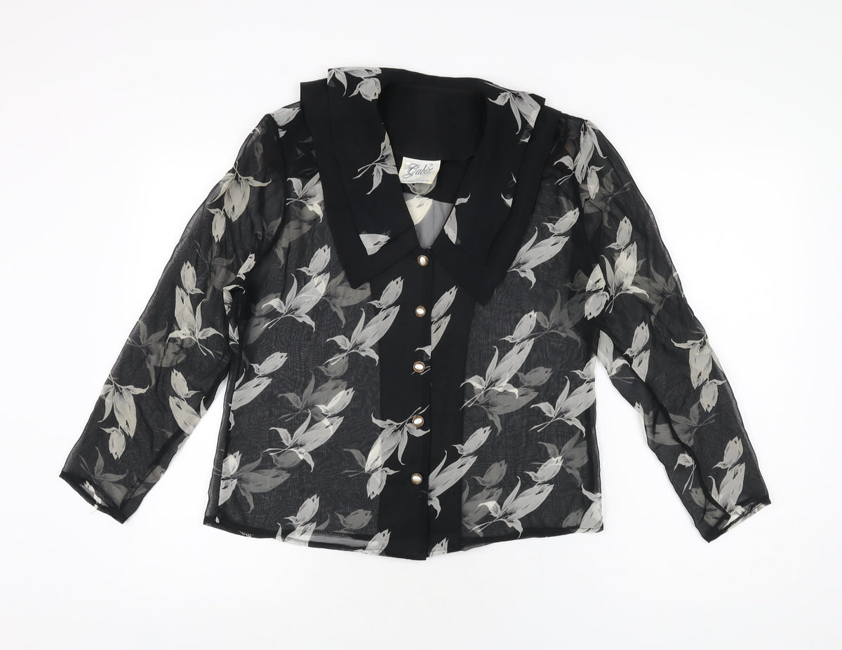 Gabiz Womens Black Floral Polyester Basic Button-Up Size 12 Collared