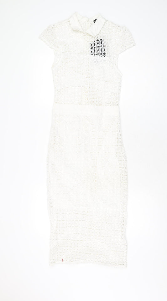 PRETTYLITTLETHING Womens White Polyester Bodycon Size 6 Collared Zip