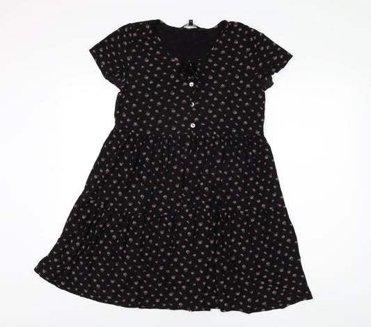 NEXT Womens Black Geometric Viscose Shift Size 6 Round Neck Button