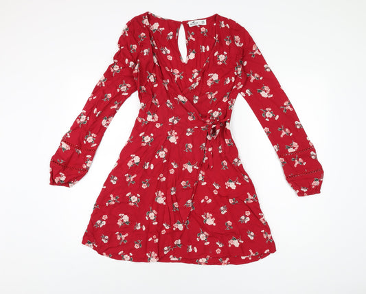 Hollister Womens Red Floral Polyester Skater Dress Size XS V-Neck Zip