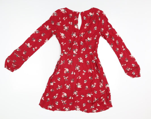 Hollister Womens Red Floral Polyester Skater Dress Size XS V-Neck Zip