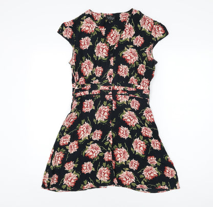 Topshop Womens Black Floral Viscose Skater Dress Size 12 V-Neck Button