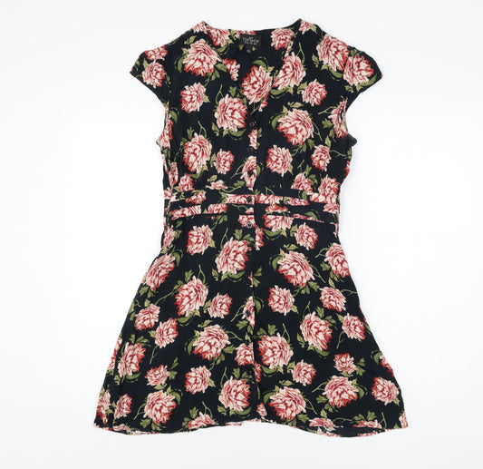 Topshop Womens Black Floral Viscose Skater Dress Size 12 V-Neck Button