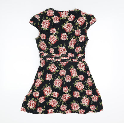 Topshop Womens Black Floral Viscose Skater Dress Size 12 V-Neck Button