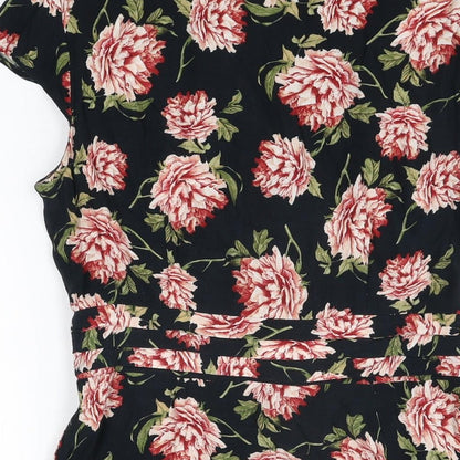 Topshop Womens Black Floral Viscose Skater Dress Size 12 V-Neck Button