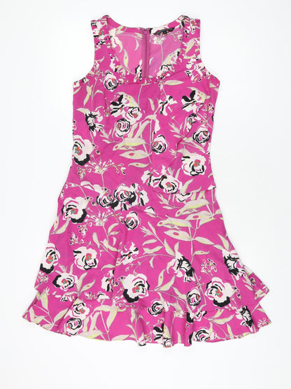 Marks and Spencer Womens Pink Floral Polyester Shift Size 8 Scoop Neck Zip