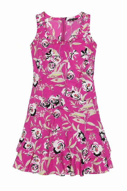 Marks and Spencer Womens Pink Floral Polyester Shift Size 8 Scoop Neck Zip