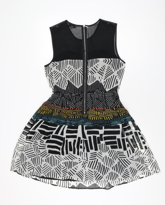 Marks and Spencer Womens Multicoloured Geometric Polyester Skater Dress Size 10 Round Neck Zip