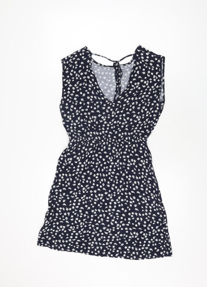 Apricot Womens Blue Floral Viscose Skater Dress Size 8 Round Neck Tie