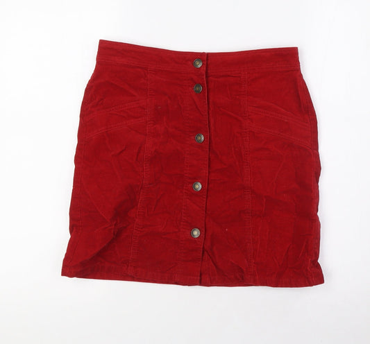 Marks and Spencer Womens Red Cotton A-Line Skirt Size 8 Button