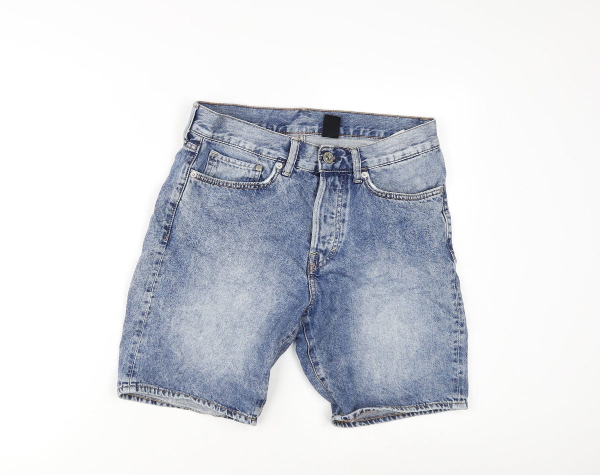 Additional front view of &Denim women’s blue 100% cotton basic shorts, size UK 30, in regular zip