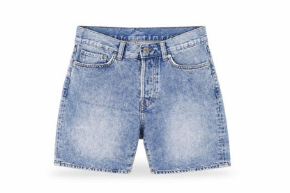 Front view of &Denim women’s blue 100% cotton basic shorts, size UK 30, in regular zip