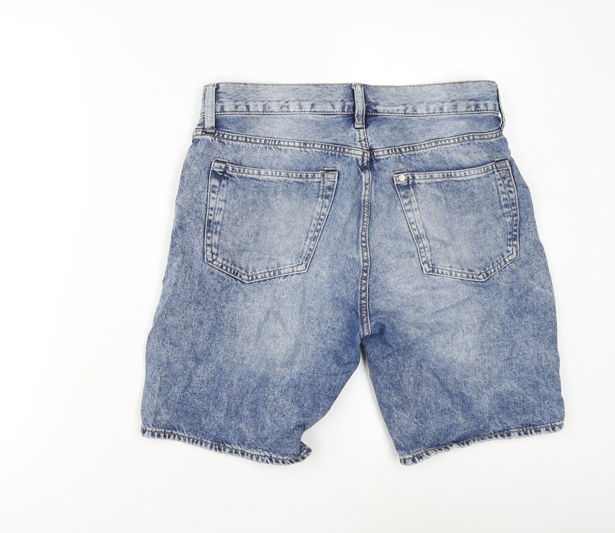 Back view of &Denim women’s blue 100% cotton basic shorts, size UK 30, in regular zip