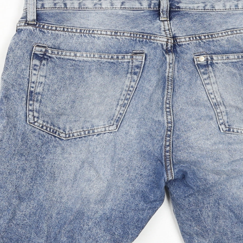 Brand and care label for &Denim women’s blue 100% cotton basic shorts, size UK 30, in regular zip