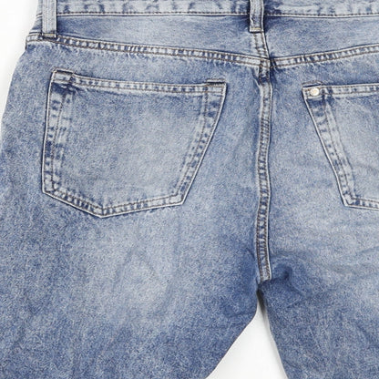 Brand and care label for &Denim women’s blue 100% cotton basic shorts, size UK 30, in regular zip