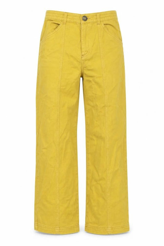 Front view of BDG women’s yellow cotton wide-leg jeans, size UK 27, in, 27-inch leg regular zip