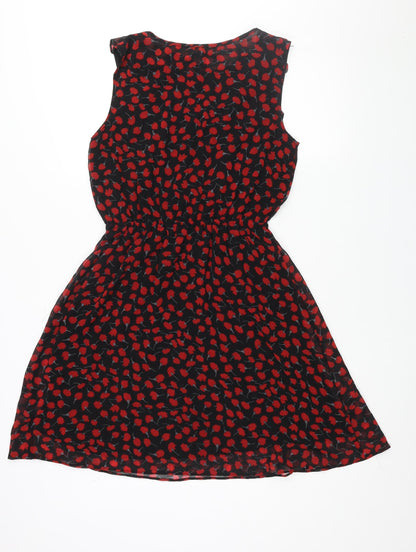 Quiz Womens Black Geometric Polyester A-Line Size 12 V-Neck Pullover - Frill Bow