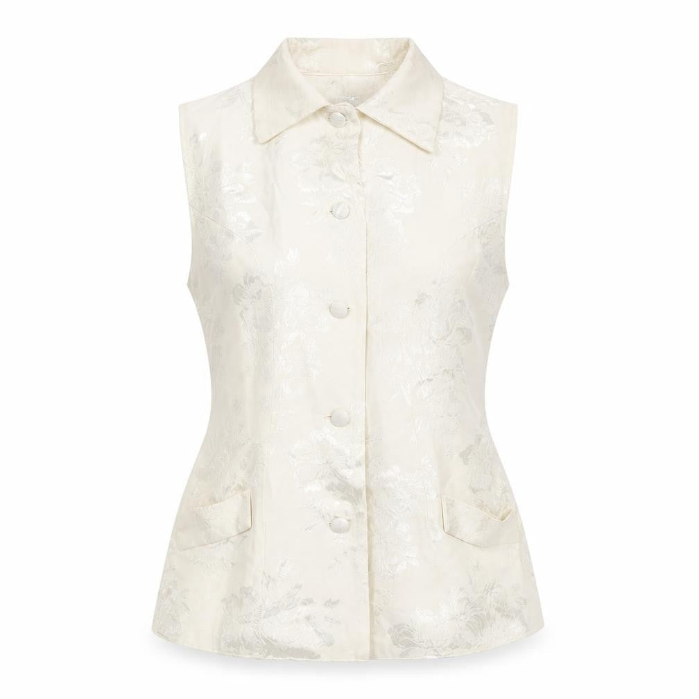 Front view of Gallery women’s ivory floral cotton camisole blouse, size UK 8, collared - back buckle detail