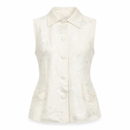 Front view of Gallery women’s ivory floral cotton camisole blouse, size UK 8, collared - back buckle detail
