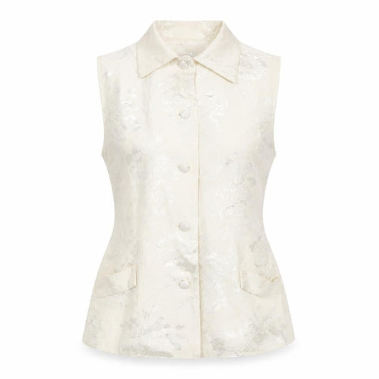Front view of Gallery women’s ivory floral cotton camisole blouse, size UK 8, collared - back buckle detail