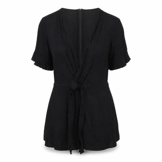 Front view of Missguided women’s black polyester playsuit one-piece, size UK 6, zip - tie detail