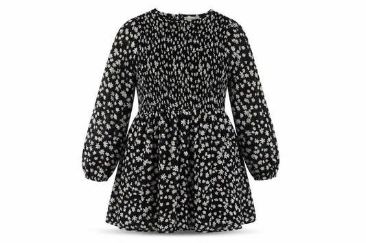 Front view of ASOS women’s black floral polyester a-line, size UK 8, round neck zip - rouched bodice