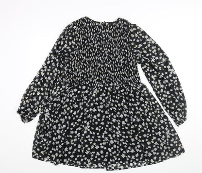 ASOS Womens Black Floral Polyester A-Line Size 8 Round Neck Zip - Rouched Bodice