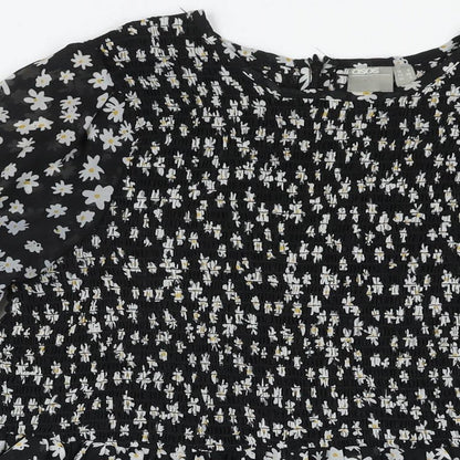 ASOS Womens Black Floral Polyester A-Line Size 8 Round Neck Zip - Rouched Bodice