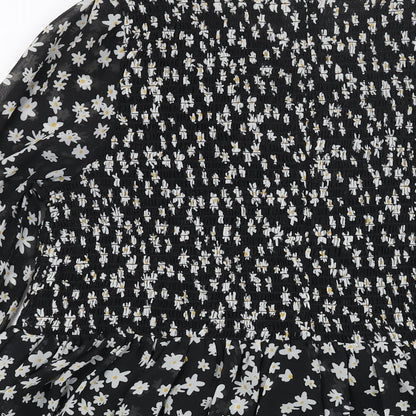 ASOS Womens Black Floral Polyester A-Line Size 8 Round Neck Zip - Rouched Bodice