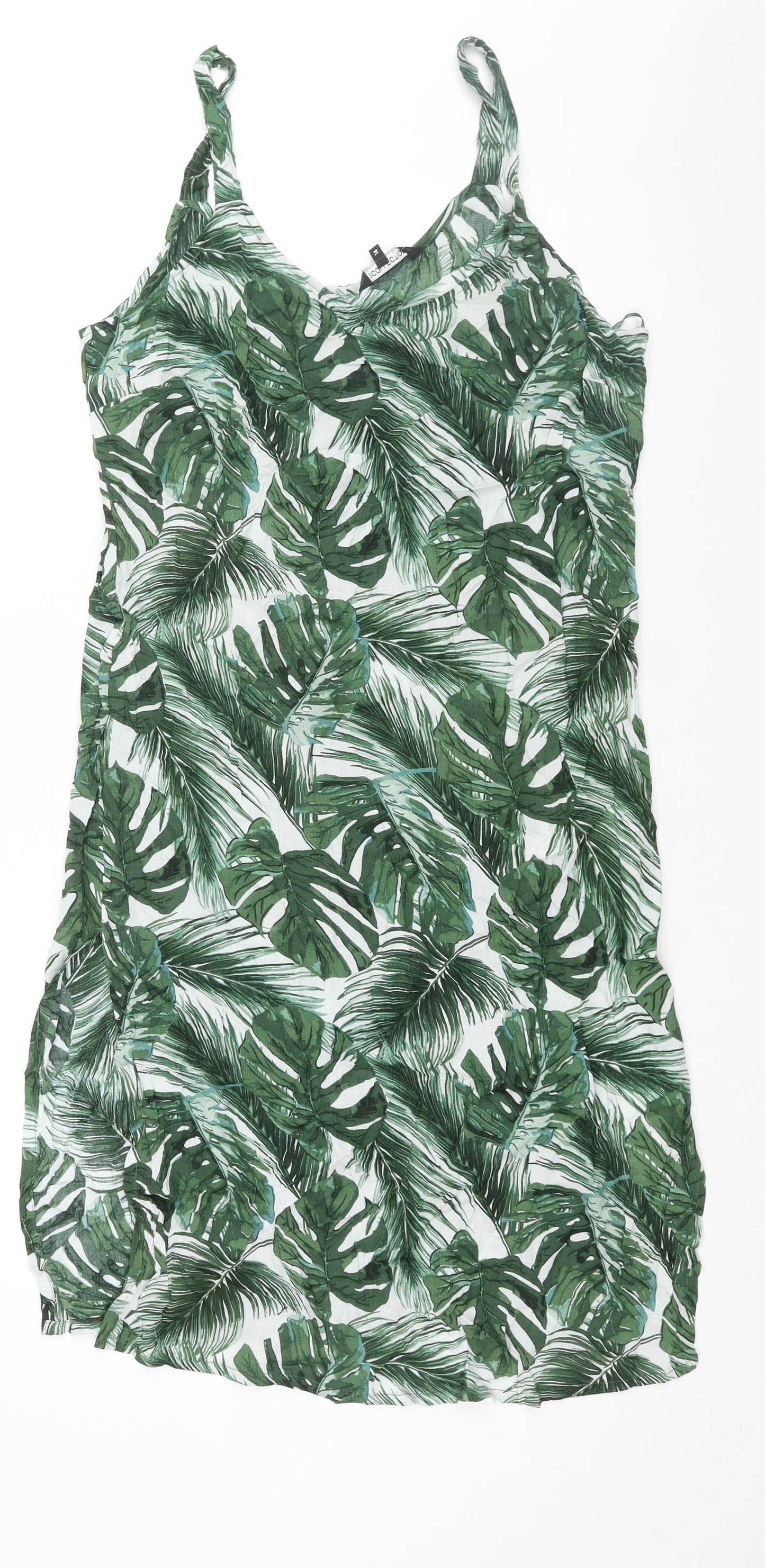 Debenhams Womens Green Geometric Viscose Shift Size 14 V-Neck Pullover - Side Slits Plant Print