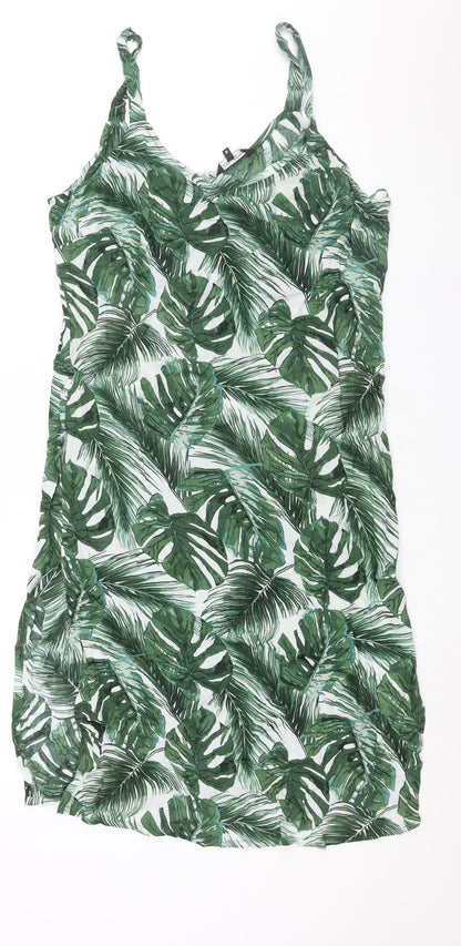 Debenhams Womens Green Geometric Viscose Shift Size 14 V-Neck Pullover - Side Slits Plant Print