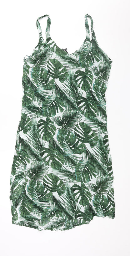 Debenhams Womens Green Geometric Viscose Shift Size 14 V-Neck Pullover - Side Slits Plant Print