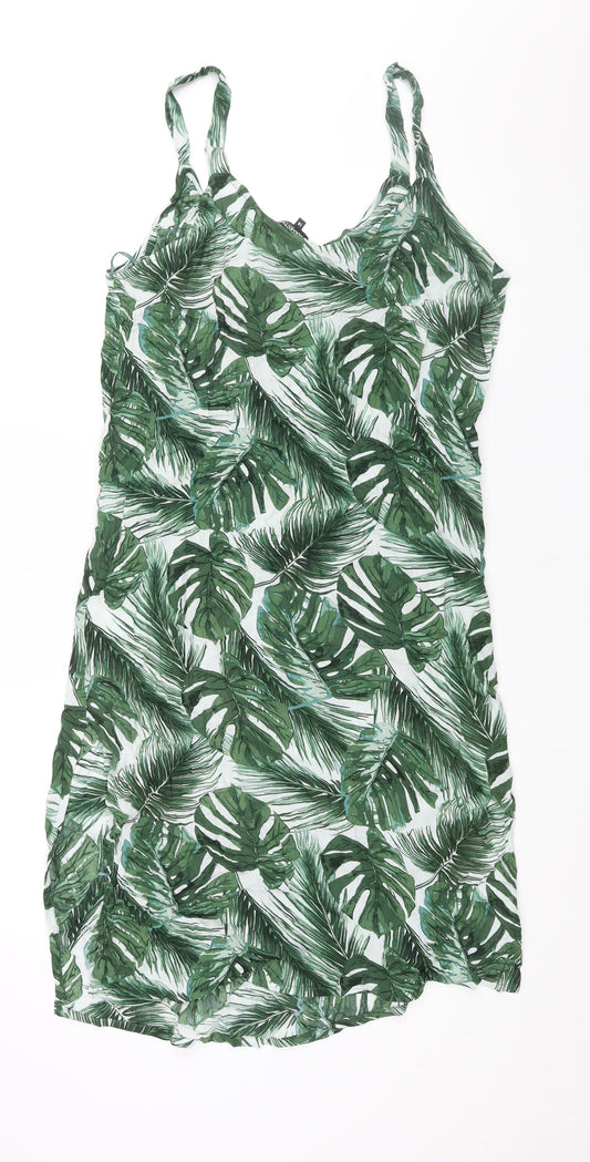 Debenhams Womens Green Geometric Viscose Shift Size 14 V-Neck Pullover - Side Slits Plant Print