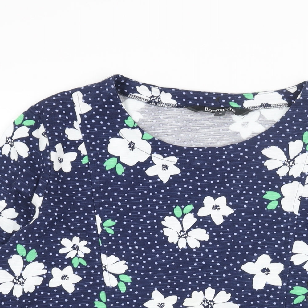 Bonmarché Womens Blue Floral Cotton Basic Blouse Size 10 Round Neck