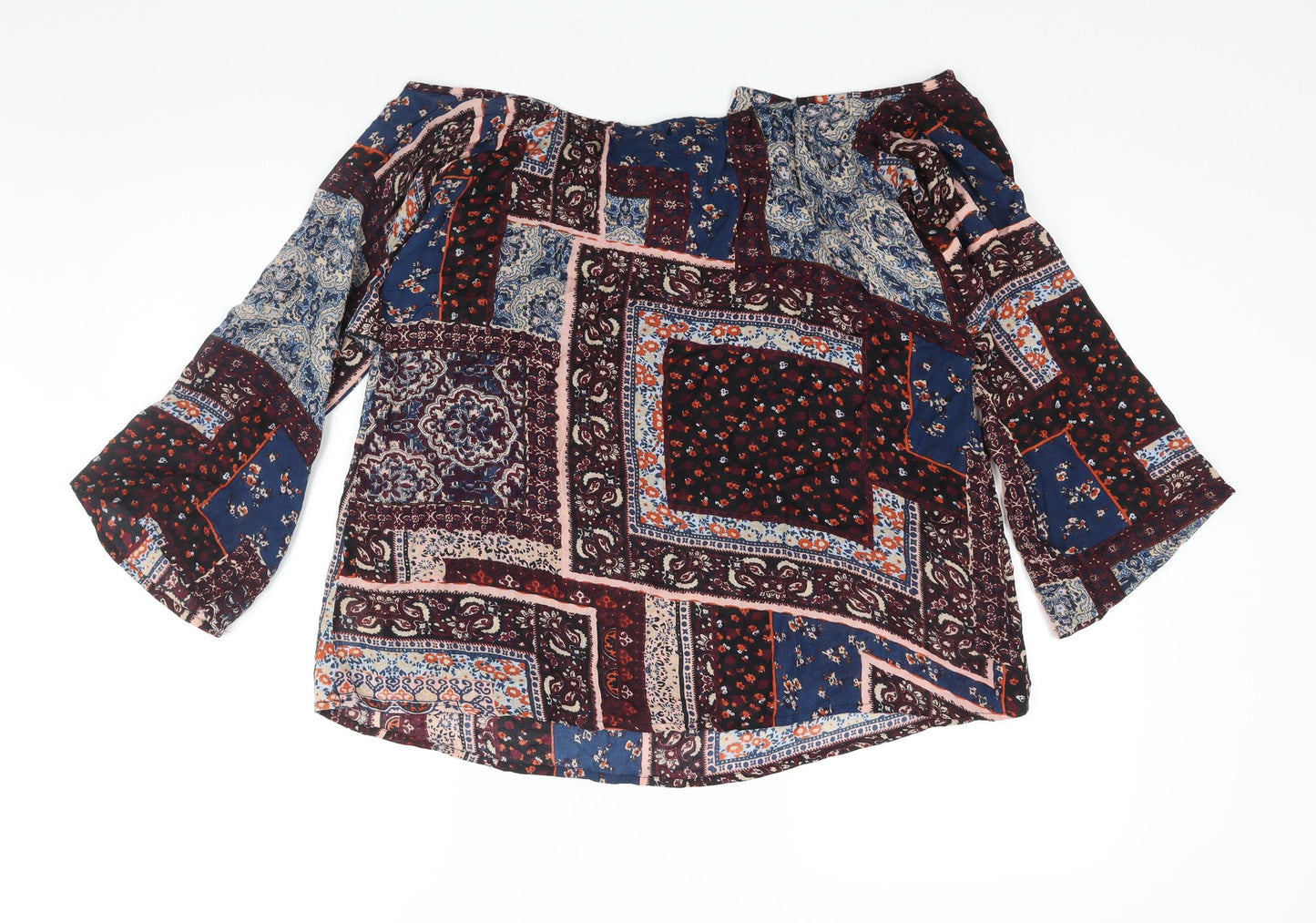 Boohoo Womens Multicoloured Geometric Viscose Basic Blouse Size 10 Off the Shoulder - Frill Bow Detail