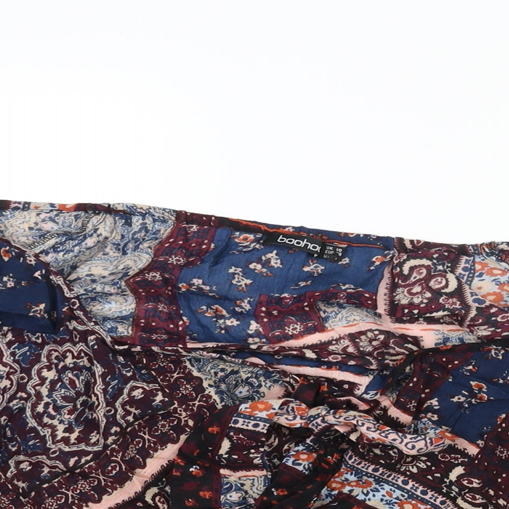 Boohoo Womens Multicoloured Geometric Viscose Basic Blouse Size 10 Off the Shoulder - Frill Bow Detail